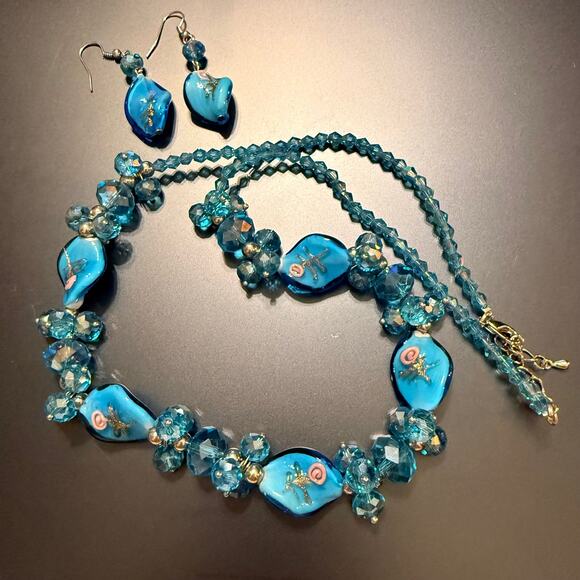 Stunning Handcrafted Blue Glass & Crystal Beaded Jewelry Set - Picture 3 of 8